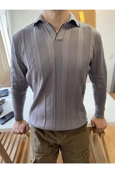Erkek Kalın Şeritli Polo Yaka Triko T-Shirt - 4