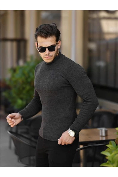 Erkek Slim Fit Yarım Balıkçı Fitilli Triko Kazak