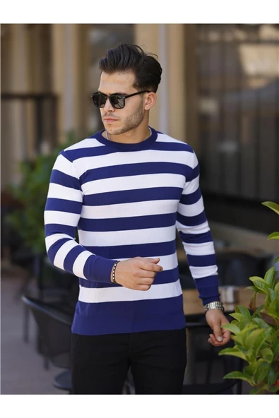 Erkek Slim Fit Bisiklet Yaka Çizgili Triko Kazak - 2