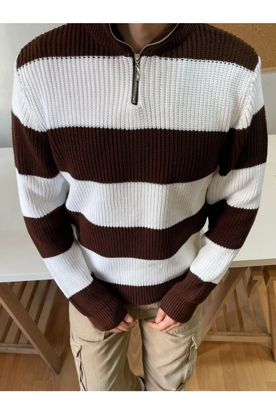 Erkek Fermuarlı Çizgili Desenli Triko Kazak - 12