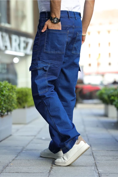 Erkek Kar Yıkama Kargo Cepli Baggy Denim Pantolon - 3