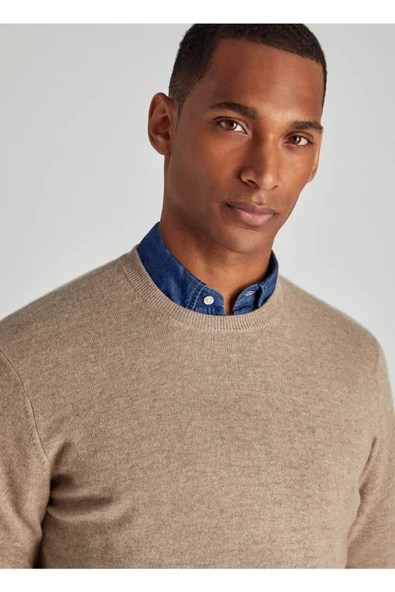 Krem Erkek Slim Fit Bisiklet Yaka Basic Triko Kazak - 3