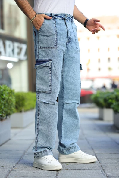 Erkek Kar Yıkama Kargo Cepli Baggy Denim Pantolon - 11
