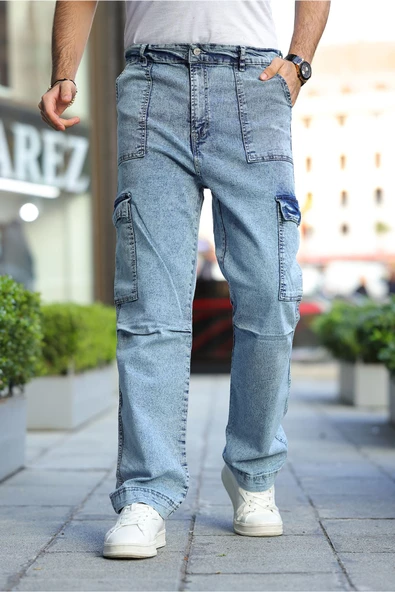 Erkek Kar Yıkama Kargo Cepli Baggy Denim Pantolon - 10