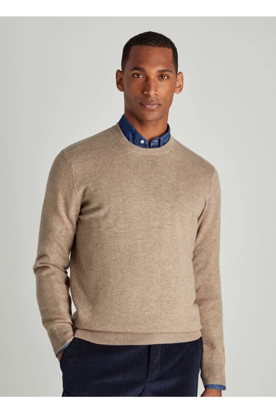 Krem Erkek Slim Fit Bisiklet Yaka Basic Triko Kazak