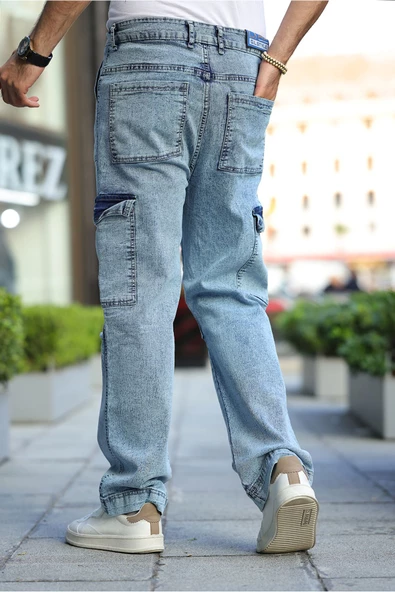 Erkek Kar Yıkama Kargo Cepli Baggy Denim Pantolon - 12