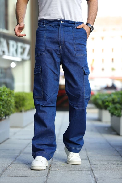 Erkek Kar Yıkama Kargo Cepli Baggy Denim Pantolon - 2