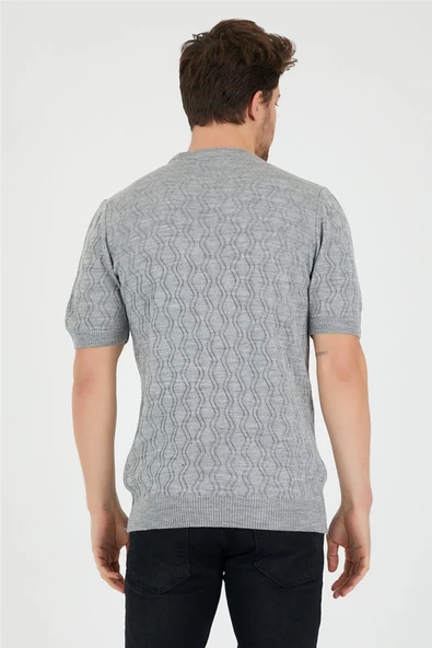 Gri Erkek Yuvarlak Yaka Desenli Örme T-shirt - 3