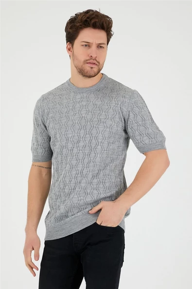 Gri Erkek Yuvarlak Yaka Desenli Örme T-shirt - 2