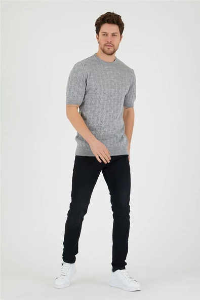 Gri Erkek Yuvarlak Yaka Desenli Örme T-shirt - 5