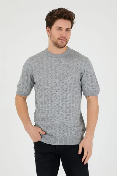 Gri Erkek Yuvarlak Yaka Desenli Örme T-shirt - 6