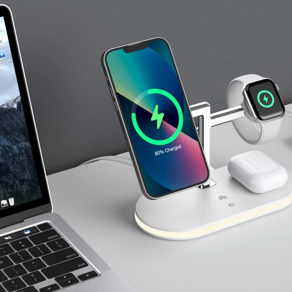 Apple iPhone Airpods Watch 3in1 Kablosuz Wireless Magsafe Şarjlı Standı Gece Lambalı UD23 - 10