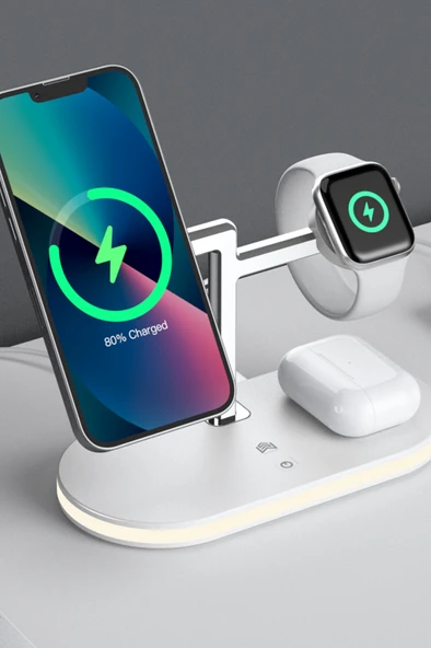 Apple iPhone Airpods Watch 3in1 Kablosuz Wireless Magsafe Şarjlı Standı Gece Lambalı UD23 - 8