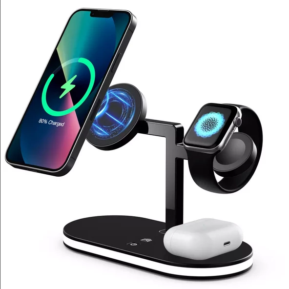Apple iPhone Airpods Watch 3in1 Kablosuz Wireless Magsafe Şarjlı Standı Gece Lambalı UD23 - 7