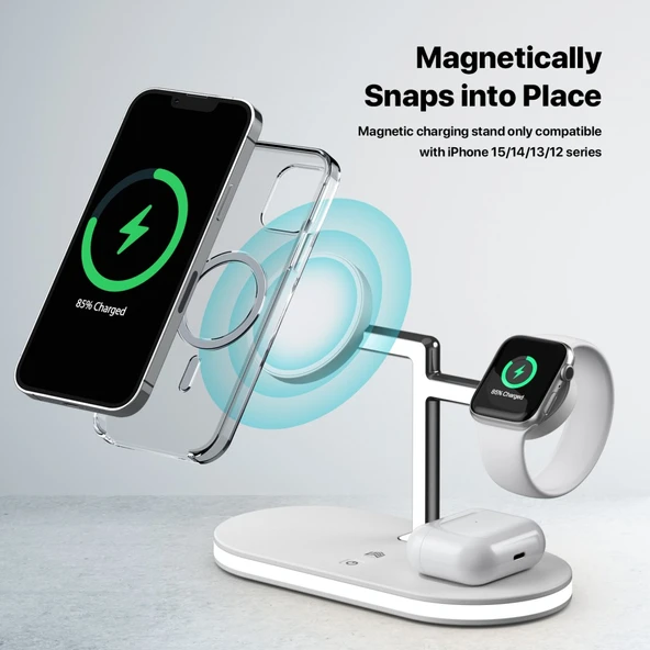 Apple iPhone Airpods Watch 3in1 Kablosuz Wireless Magsafe Şarjlı Standı Gece Lambalı UD23 - 12