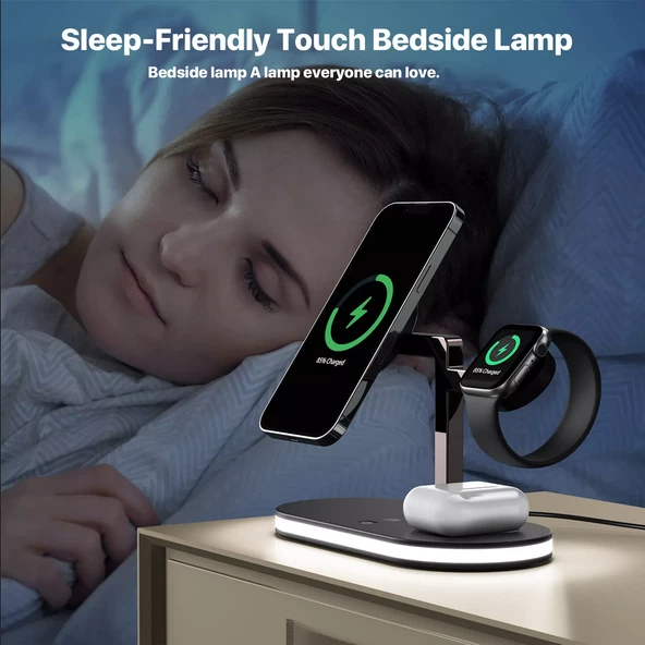 Apple iPhone Airpods Watch 3in1 Kablosuz Wireless Magsafe Şarjlı Standı Gece Lambalı UD23 - 4