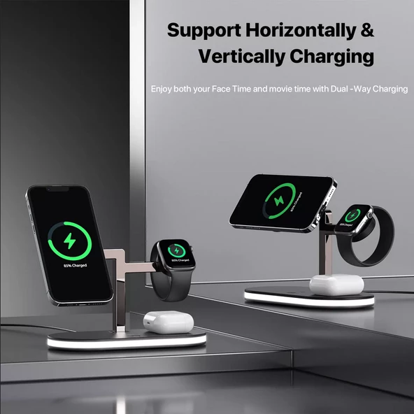 Apple iPhone Airpods Watch 3in1 Kablosuz Wireless Magsafe Şarjlı Standı Gece Lambalı UD23 - 5