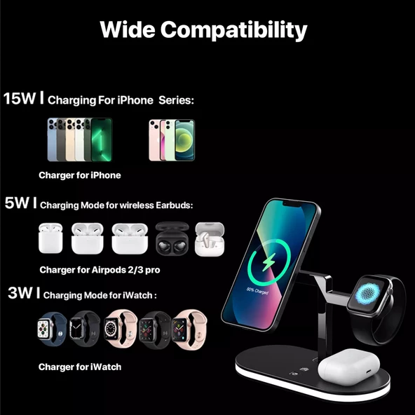 Apple iPhone Airpods Watch 3in1 Kablosuz Wireless Magsafe Şarjlı Standı Gece Lambalı UD23 - 3