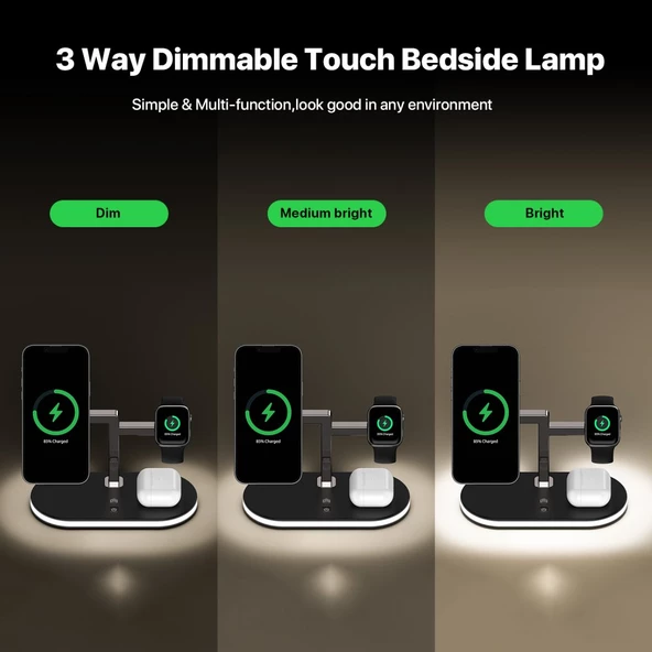 Apple iPhone Airpods Watch 3in1 Kablosuz Wireless Magsafe Şarjlı Standı Gece Lambalı UD23 - 2