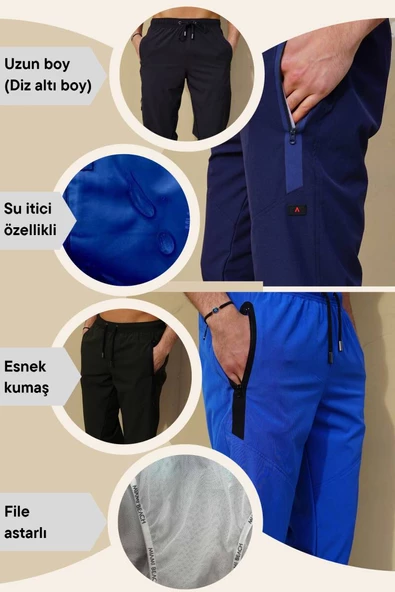 Haki Diz Altı Uzun Model Su İtici Özellikli Likralı Esnek Kumaş Erkek Plaj Deniz Kapri Şort - 941-Haki - Resim 4