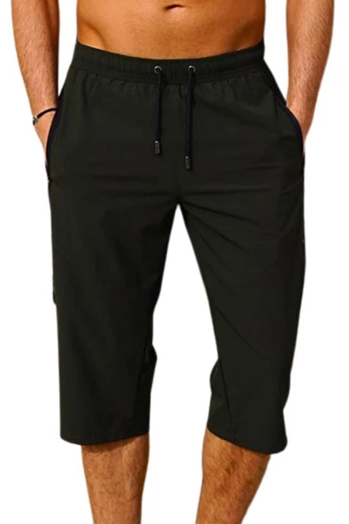 Haki Diz Altı Uzun Model Su İtici Özellikli Likralı Esnek Kumaş Erkek Plaj Deniz Kapri Şort - 941-Haki - Resim 6