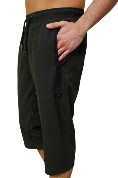 Haki Diz Altı Uzun Model Su İtici Özellikli Likralı Esnek Kumaş Erkek Plaj Deniz Kapri Şort - 941-Haki - Resim 2