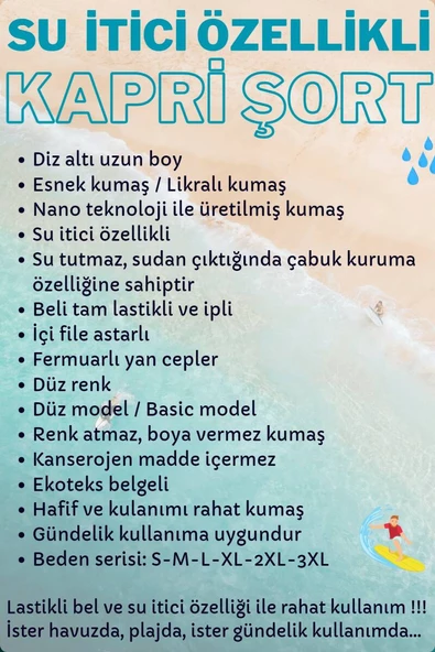 Haki Diz Altı Uzun Model Su İtici Özellikli Likralı Esnek Kumaş Erkek Plaj Deniz Kapri Şort - 941-Haki - Resim 5