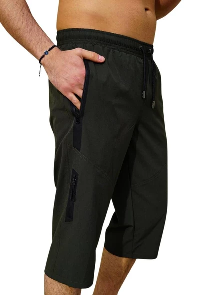 Haki Diz Altı Uzun Model Su İtici Özellikli Likralı Esnek Kumaş Erkek Plaj Deniz Kapri Şort - 941-Haki - Resim 3