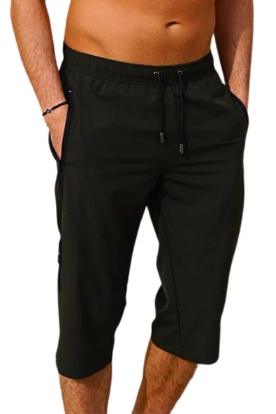 Haki Diz Altı Uzun Model Su İtici Özellikli Likralı Esnek Kumaş Erkek Plaj Deniz Kapri Şort - 941-Haki - Resim 7