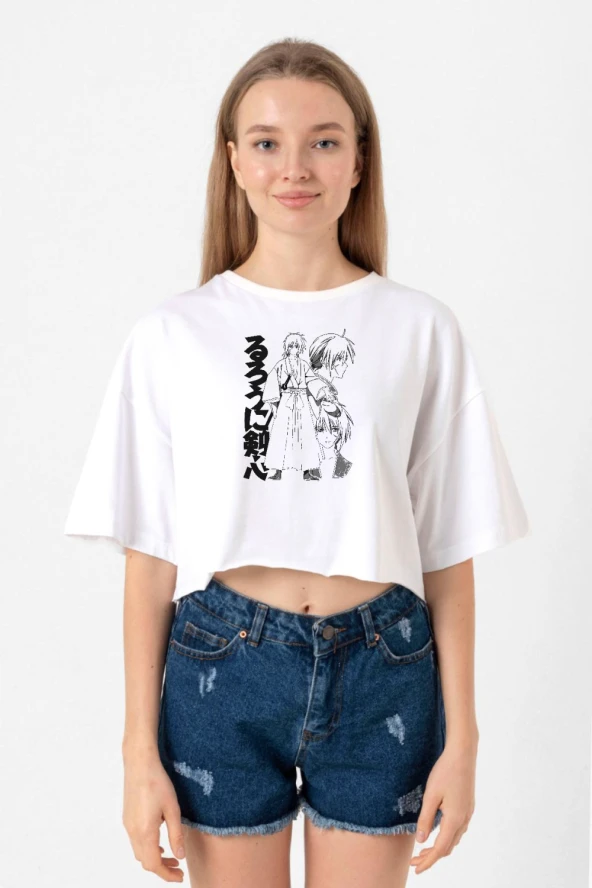 Rurouni Kenshin Black White Art Beyaz Kadın Crop Tshirt