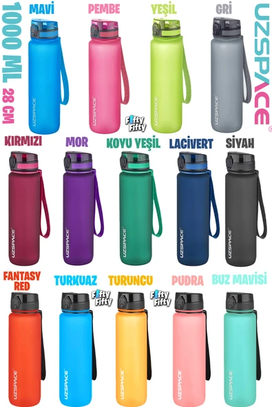 Uzspace Büyük Boy 28 cm 1000 ml 1 litre Tritan Su Matarası 14 Renk FiftyFifty Softtouch