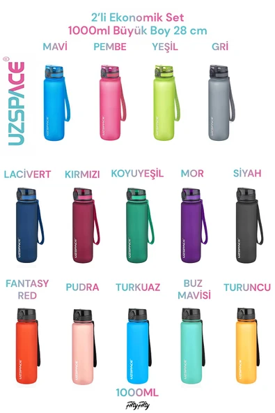 Uzspace 2'li Tritan Matara Seti 1000 ml Büyük Boy 14 Farklı Renk Seçeneği FiftyFifty - 11
