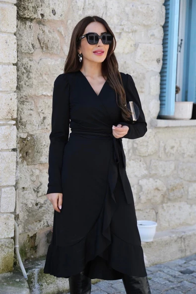 Krep Kumaş Midi Boy Kuşaklı Uzunkol Elbise 113 Cm - 4