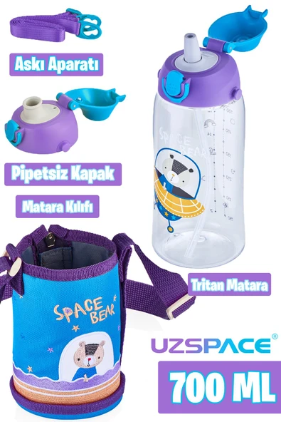 Uzspace 700 ml Kılıflı 2 Ayrı Kapaklı Pipetli/Pipetsiz Tritan Çocuk Su Matarası - 2