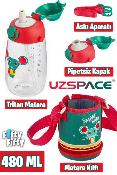 Uzspace 480 ml Kılıflı 2 Ayrı Kapaklı Pipetli/Pipetsiz Tritan Çocuk Su Matarası - 10
