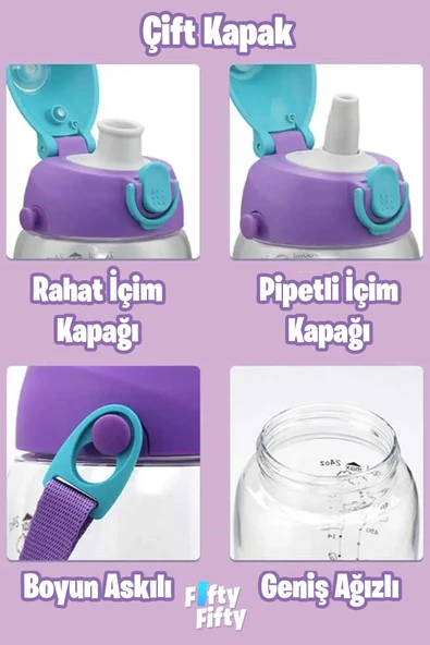 Uzspace 480 ml Kılıflı 2 Ayrı Kapaklı Pipetli/Pipetsiz Tritan Çocuk Su Matarası - 4