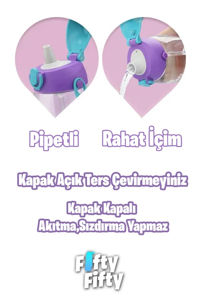 Uzspace 480 ml Kılıflı 2 Ayrı Kapaklı Pipetli/Pipetsiz Tritan Çocuk Su Matarası - 8