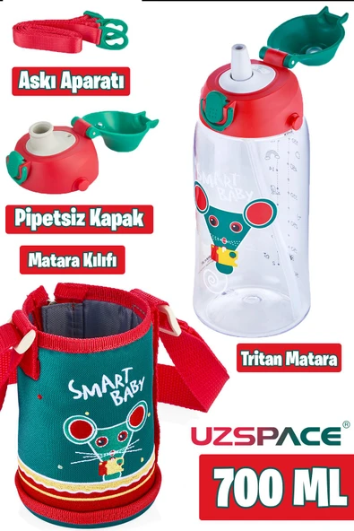Uzspace 700 ml Kılıflı 2 Ayrı Kapaklı Pipetli/Pipetsiz Tritan Çocuk Su Matarası - 11
