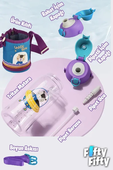 Uzspace 700 ml Kılıflı 2 Ayrı Kapaklı Pipetli/Pipetsiz Tritan Çocuk Su Matarası - 6