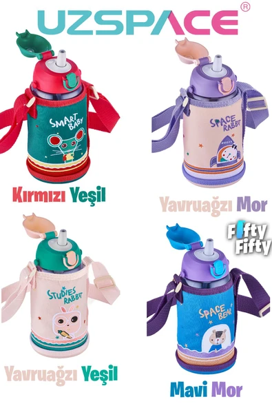 Uzspace 700 ml Kılıflı 2 Ayrı Kapaklı Pipetli/Pipetsiz Tritan Çocuk Su Matarası - 10