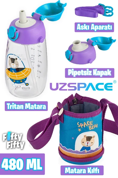 Uzspace 480 ml Kılıflı 2 Ayrı Kapaklı Pipetli/Pipetsiz Tritan Çocuk Su Matarası - 2