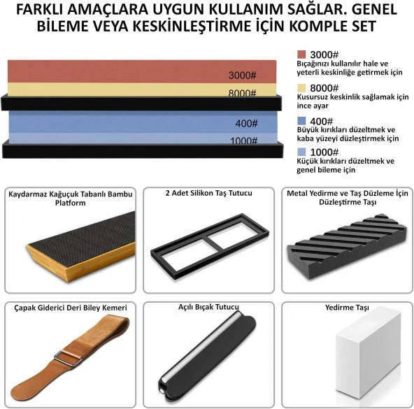 Valkyrie 7 Parça Profesyonel Bıçak Bileme Seti 4 Taraflı Biley Taşı 400 1000 3000 8000 1. Kalite Sulu Bileme 1. Kalite - 7