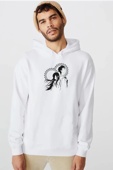Steins Gate Okabe and Kurisu Beyaz Erkek 3ip Kapşonlu  Sweatshirt