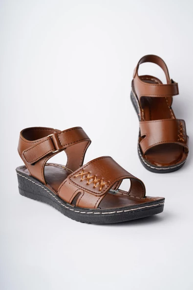 Muggo SALVA Garantili Ortopedik Rahat Kalıp Deri Görünümlü Cırtlı Tek Bant Kadın Sandalet - 6