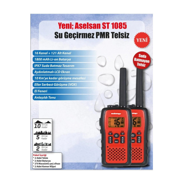 Aselsan ST-1085 10Km Su Geçirmez IPX7 Pmr El Telsizi (2'li Set)