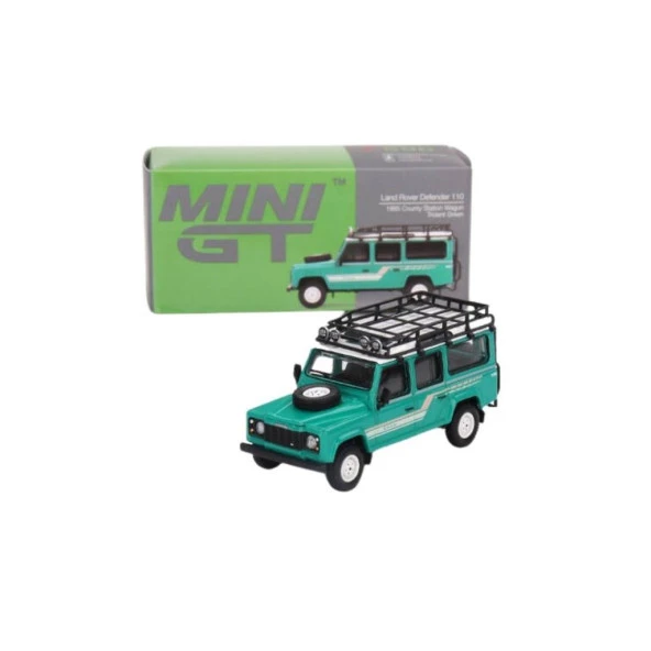 Mini GT 590 Land Rover Defender 110 1985 County Station Wagon Trident Green Model Araba ürün görseli 1