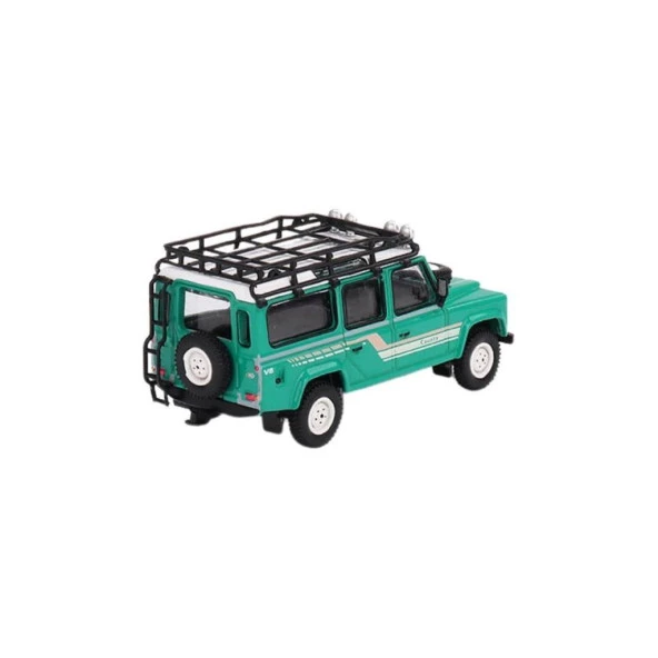 Mini GT 590 Land Rover Defender 110 1985 County Station Wagon Trident Green Model Araba - Resim 3