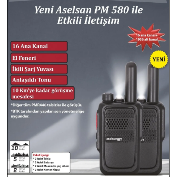 Aselsan PM-580 10Km Çekim Mesafeli Pmr El Telsizi (2'li Set)