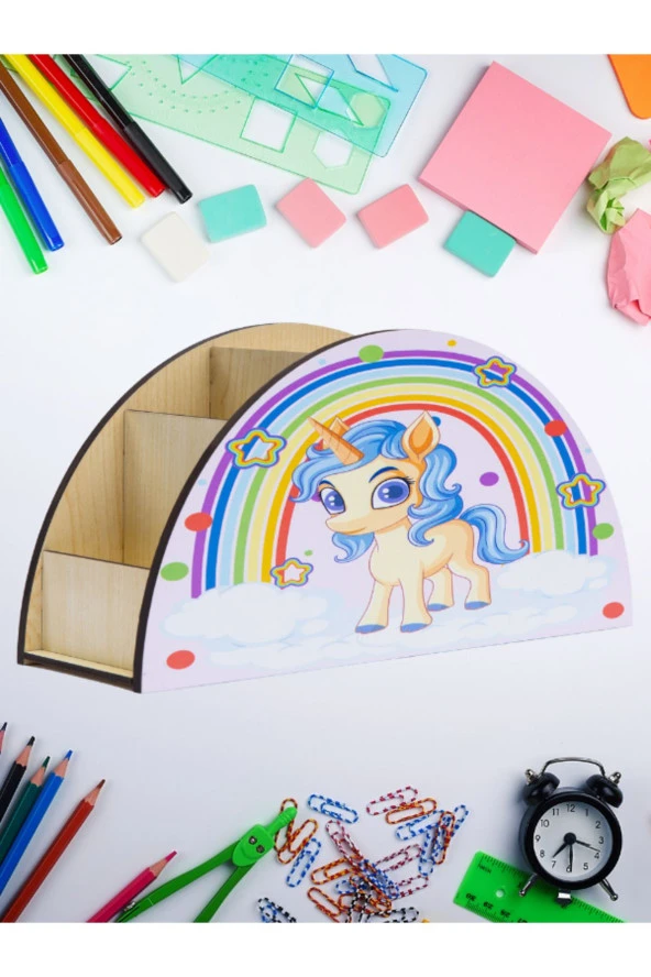 Deep Creations Çocuk Ahşap Masa Düzenleyici Organizer Masa Üstü Kalemlik & Organizer-BabyUnicorn ürün görseli
