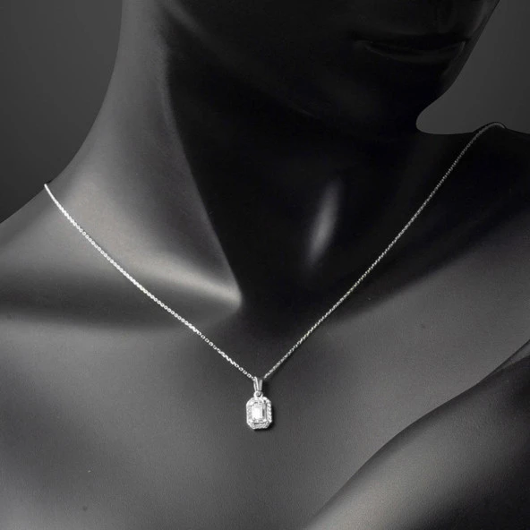 Baget Taşlı Beyaz Altın Kolye - Resim 2